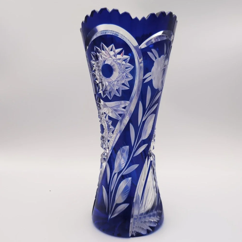 Vintage German Cobalt Blue Cut to Clear 24% Lead Crystal Rose Vase 8